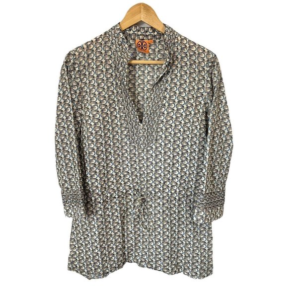 Tory Burch Cream & Gold Adelaide Elephant Pattern Tunic/Swim Cover Women Size 8 - Picture 2 of 10